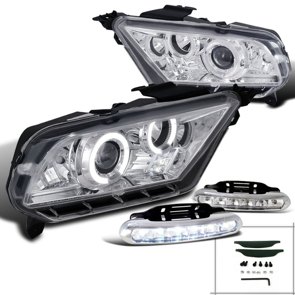 Coolstuffguru Compatible with Ford Mustang Dual Halo Projector Head Lights Chrome+Daytime LED Fog