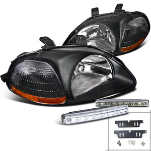 Coolstuffguru Compatible with Honda Civic JDM Black Headlights+White LED Bumper Fog DRL Light