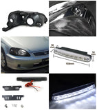 Coolstuffguru Compatible with Honda Civic Black Diamond Headlight+LED DRL Bumper Fog Light 4pc