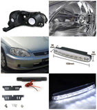 Coolstuffguru Compatible with Honda Civic JDM Chrome Crystal Headlights+8-LED Bumper DRL