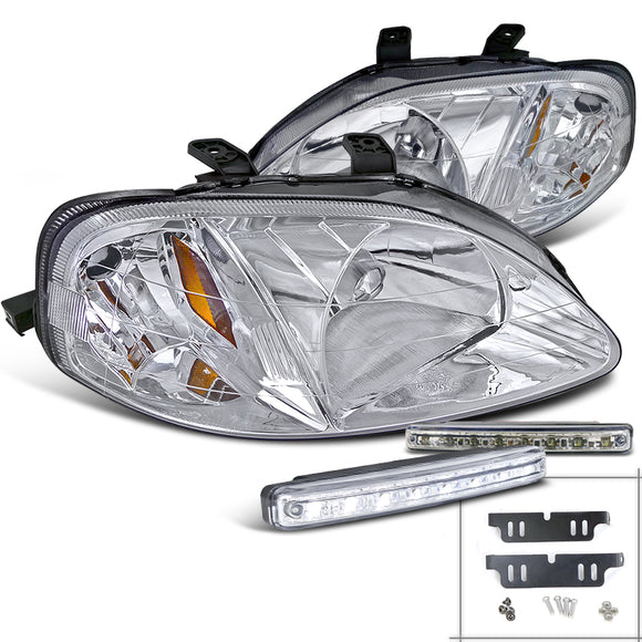 Coolstuffguru Compatible with Honda Civic JDM Chrome Crystal Headlights+8-LED Bumper DRL