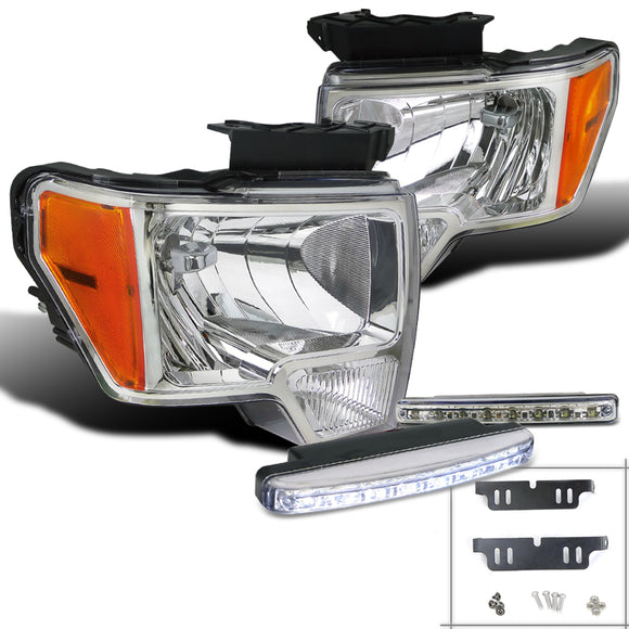 Coolstuffguru Compatible with Ford F150 Pickup Euro Chrome Crystal Headlights+8-LED Bumper DRL