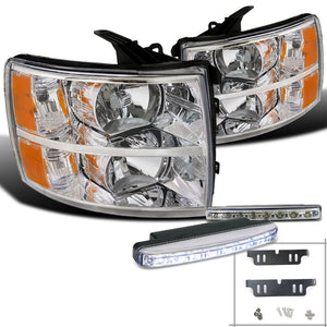 Coolstuffguru Compatible with Chevy Silverado 1500/2500/3500 HD Chrome Headlights+8-LED Bumper DRL