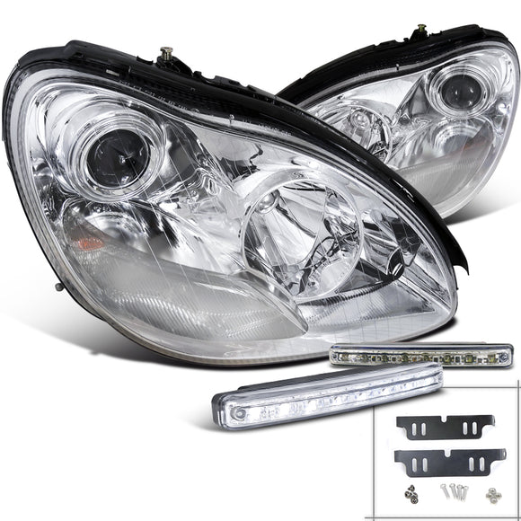 Coolstuffguru Compatible with Chrome Mercedes Benz S Class Projector Headlight+LED Fog DRL Lamp