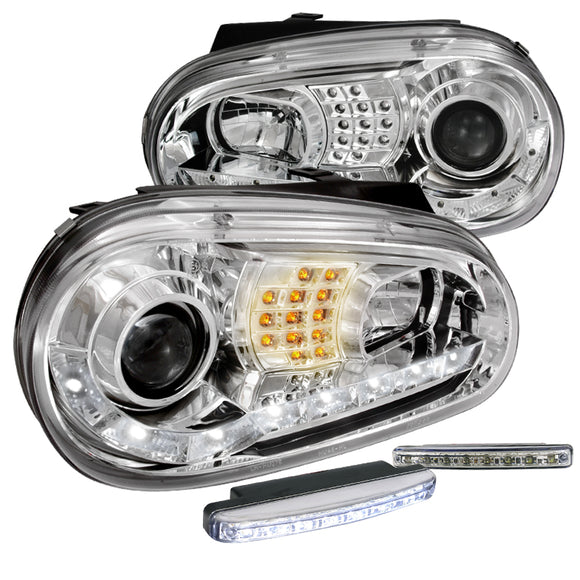 Coolstuffguru Compatible with Chrome Golf MK4 GTI R8 Style Projector Headlights+8 LED DRL Fog Lamp