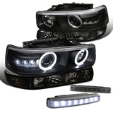 Coolstuffguru Compatible with Black Silverado SMD Halo Projector Headlight+Bumper Lamp+LED DRL Fog Lamp