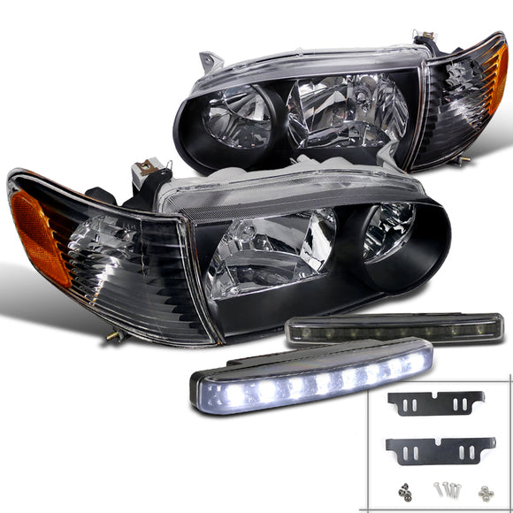 Coolstuffguru Compatible with Toyota Corolla Crystal Black Headlights+Corner Lamps+8-LED DRL Fog Lamps