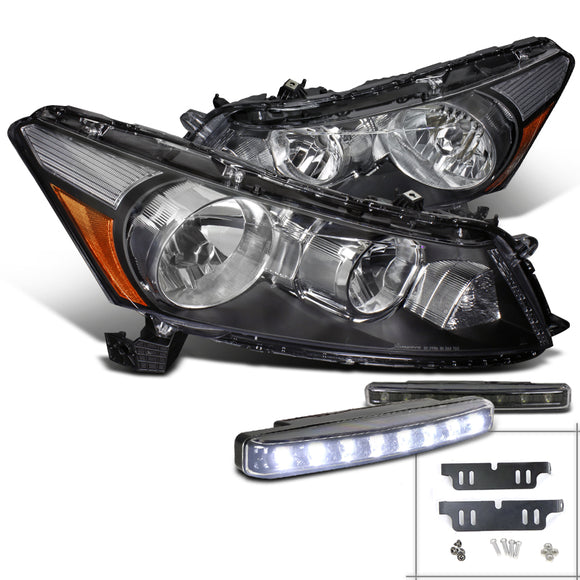 Coolstuffguru Compatible with Honda Accord 4Dr Sedan JDM Crystal Black Headlights+8-LED Fog Lamp