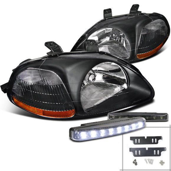 Coolstuffguru Compatible with Honda Civic JDM Black Crystal Headlights+8-LED Bumper DRL