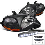 Coolstuffguru Compatible with Honda Civic JDM Black Crystal Headlights+8-LED Bumper DRL