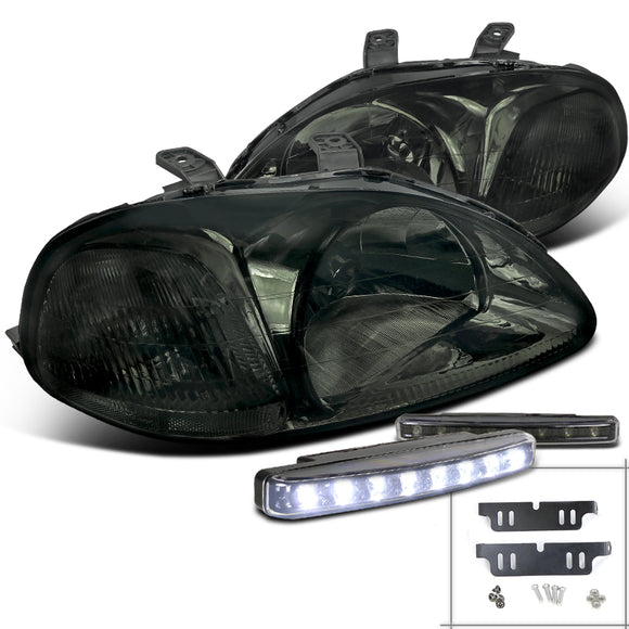 Coolstuffguru Compatible with Honda Civic DX EX Smoke Headlight+LED Front Fog DRL Lamp