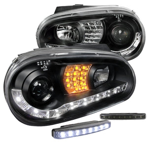 Coolstuffguru Compatible with Black VW Cabrio Projector LED Signal Headlights+8-LED Bumper Fog Lamps DRL