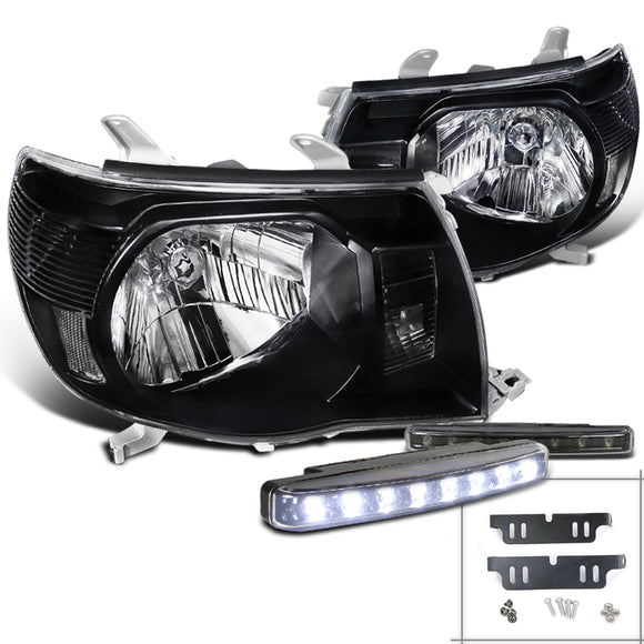 Coolstuffguru Compatible with Black Toyota Tacoma Diamond Headlight W/ White LED Bumper DRL Fog Lamp