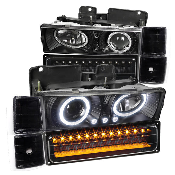 Coolstuffguru Compatible with Chevy C10 C/K Tahoe Silverado Black Projector Headlights+LED Bumper+Corner L