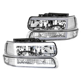 Coolstuffguru LED Bar Chrome Housing Clear Lens Headlights + Bumper Lights 4PC Clear Reflector Compatible with Chevy Silverado 1999-2002, 00-06 Tahoe Suburban, L+R Pair Assembly