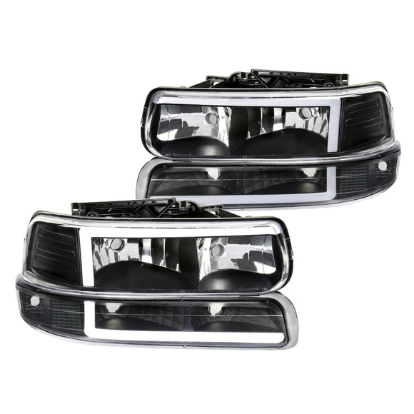 Coolstuffguru LED Bar Black Housing Clear Lens Headlights + Bumper Lights 4PC Clear Reflector Compatible with Chevy Silverado 1999-2002, 00-06 Tahoe Suburban, L+R Pair Assembly