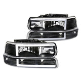 Coolstuffguru LED Bar Black Housing Clear Lens Headlights + Bumper Lights 4PC Clear Reflector Compatible with Chevy Silverado 1999-2002, 00-06 Tahoe Suburban, L+R Pair Assembly