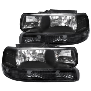 Coolstuffguru Compatible with Chevy Silverado Suburban 1500 2500 Tahoe Black Crystal Headlights+Bumper Lam