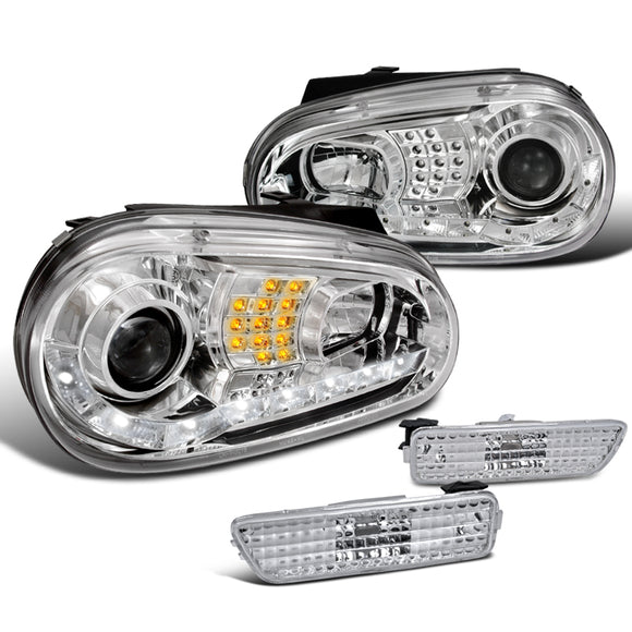 Coolstuffguru Compatible with Golf GTI Chrome LED DRL Projector Headlights+Signal+Bumper Side Marker