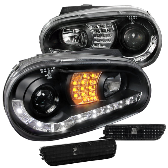Coolstuffguru Compatible with Golf GTI Black LED DRL Projector Headlights+Signal+Bumper Side Marker