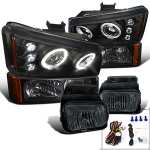 Coolstuffguru Compatible with Chevy Silverado Black Halo LED Projector Headlights+Bumper Lamps+Smoke Fog L