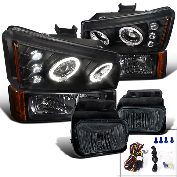 Coolstuffguru Compatible with Chevy Silverado Black Halo LED Projector Headlights+Bumper Lamps+Smoke Fog L