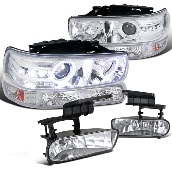Coolstuffguru Compatible with Chrome Chevy Silverado LED Halo Projector Headlights+Bumper Lights+Fog Lamps