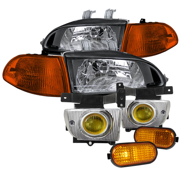 Coolstuffguru Compatible with Honda Civic Sedan Black Headlights+Amber Corner Lamps+Side Markers+Fog Light