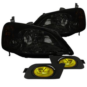 Coolstuffguru Compatible with Honda Civic 2/4Dr Smoke Headlights+Yellow Fog Bumper Lamp