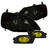 Coolstuffguru Compatible with Honda Civic 2/4Dr Smoke Headlights+Yellow Fog Bumper Lamp