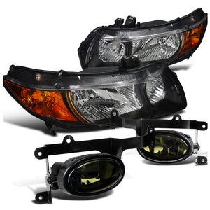 Coolstuffguru BLACK HEADLIGHTS HEAD LAMPS+SMOKE FOG LIGHTS LAMP Compatible with 2006-2008 CIVIC COUPE 2DR