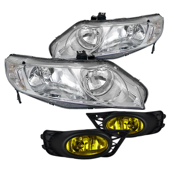 Coolstuffguru Compatible with Honda Civic 4Dr Chrome Clear Headlights+Yellow Bumper Fog Lights