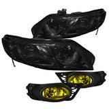 Coolstuffguru Compatible with Honda Civic 4Dr Crystal Smoke Headlights+Yellow Bumper Fog Lights