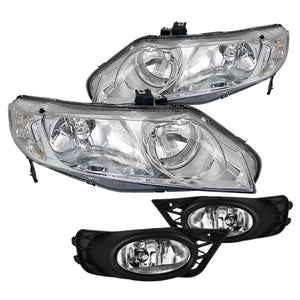 Coolstuffguru Compatible with Honda Civic 4Dr Crystal Chrome Headlights+Clear Bumper Fog Lights