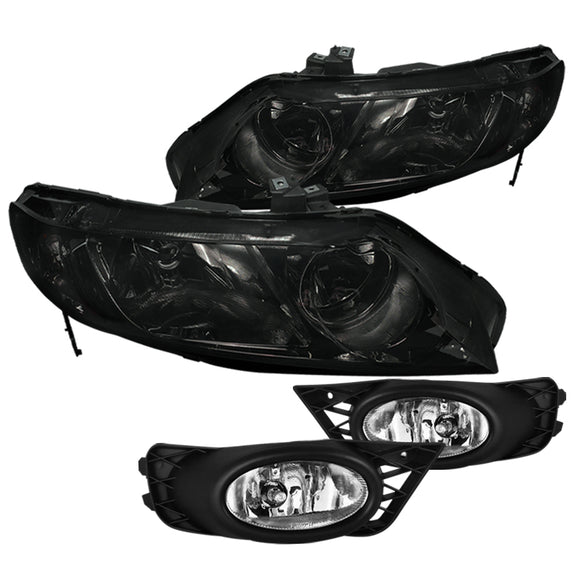 Coolstuffguru Compatible with Honda Civic 4Dr Crystal Smoke Headlights+Clear Bumper Fog Lights