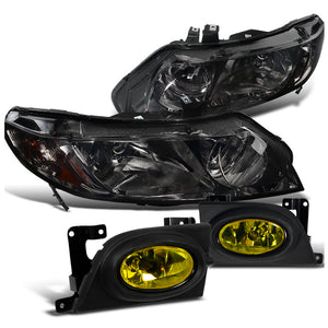 Coolstuffguru Compatible with Honda Civic Sedan 4Dr Smoked Len Headlights, Yellow Lens Fog Lights