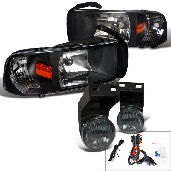 Coolstuffguru Compatible with DODGE RAM 94-01 BLK EURO HEAD LIGHTS+SMOKE DRIVING FOG