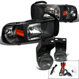 Coolstuffguru Compatible with DODGE RAM 94-01 BLK EURO HEAD LIGHTS+SMOKE DRIVING FOG