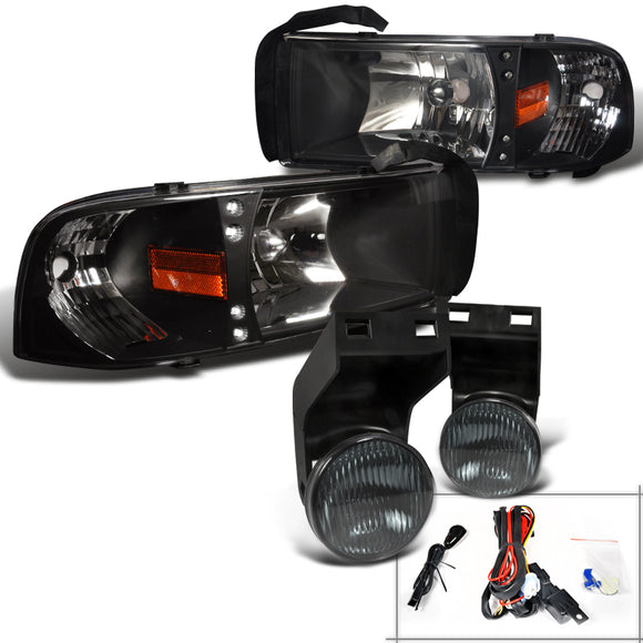 Coolstuffguru Compatible with DODGE RAM 94-01 BLK LED HEAD LIGHTS+SMOKE FOG LAMP KIT