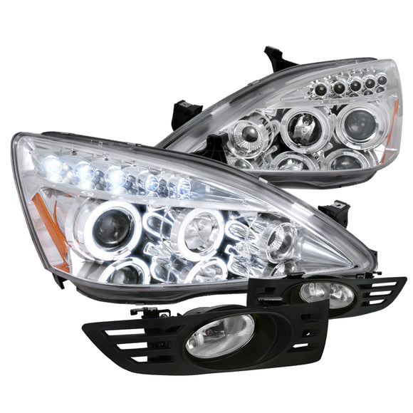 Coolstuffguru Compatible with Honda Accord Chrome Halo LED Projector Headlights+Clear Bumper Fog Lights