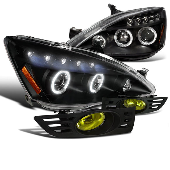 Coolstuffguru Compatible with Honda Accord Black Halo LED Projector Headlights+Yellow Bumper Fog Lights