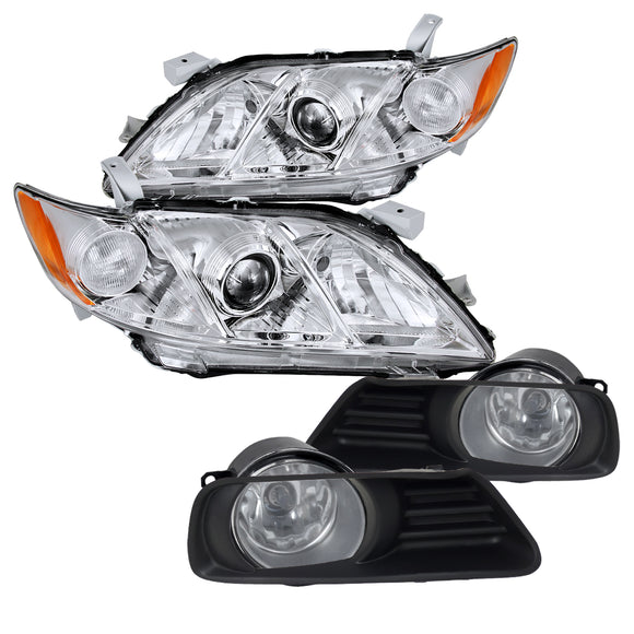 Coolstuffguru Compatible with Toyota Camry Chrome Amber Projector Headlights+Fog Lamps w/ Switch