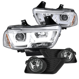 Coolstuffguru Compatible with Dodge Charger Chrome Dual Halo Projector Headlights+Clear Bumper Fog Lamps