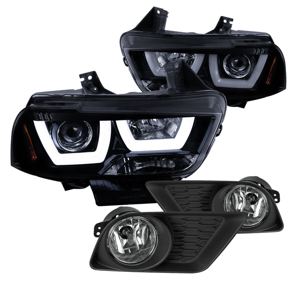 Coolstuffguru Compatible with Dodge Charger Glossy Black Dual Halo Projector Headlights+Clear Bumper Fog L