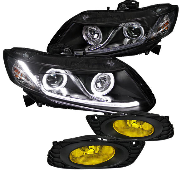 Coolstuffguru Compatible with Honda Civic Dual Halo Black Projector Headlights w/LED DRL+Yellow Fog Lamps