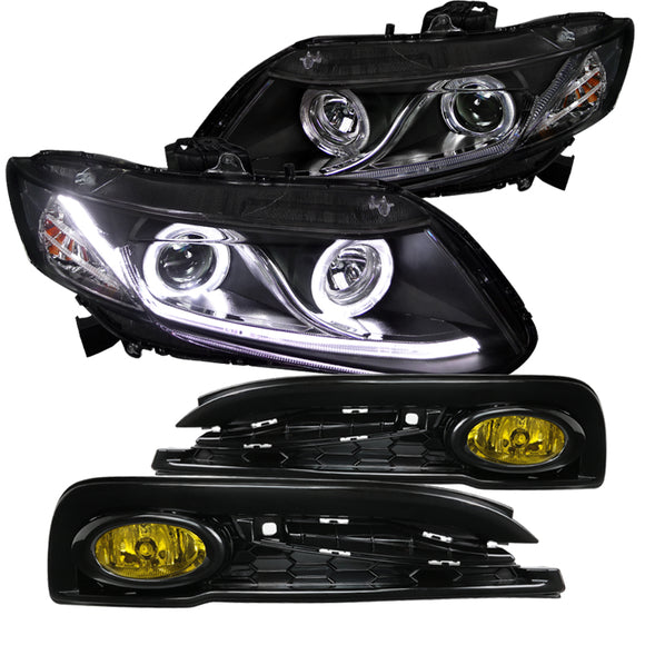 Coolstuffguru Compatible with Honda Civic Dual Halo Black Projector Headlights w/LED DRL+Yellow Fog Lamps