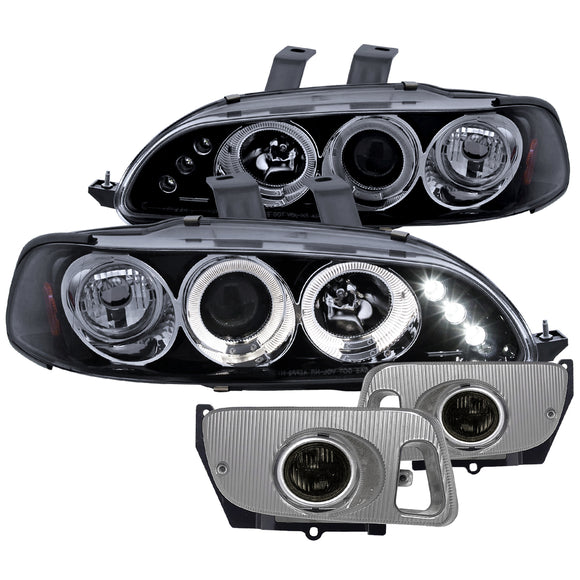 Coolstuffguru Compatible with Honda Civic 2/3Dr Glossy Black Halo LED Projector Headlights+Smoke Fog Light