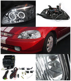 Coolstuffguru Compatible with Honda Civic 2/3/4 Door Chrome Halo LED Projector Headlights+Clear Fog Lights