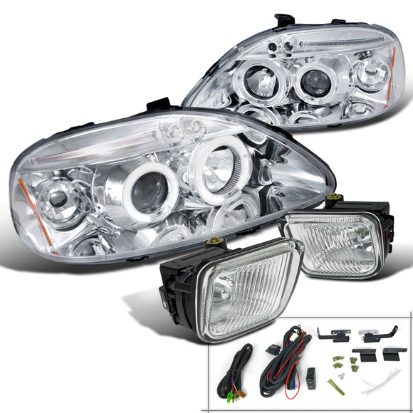 Coolstuffguru Compatible with Honda Civic 2/3/4 Door Chrome Halo LED Projector Headlights+Clear Fog Lights