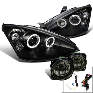 Coolstuffguru Compatible with FORD 00-04 FOCUS BLACK DUAL HALO LED PROJECTOR HEADLIGHT+SMOKE BUMPER FOG LA